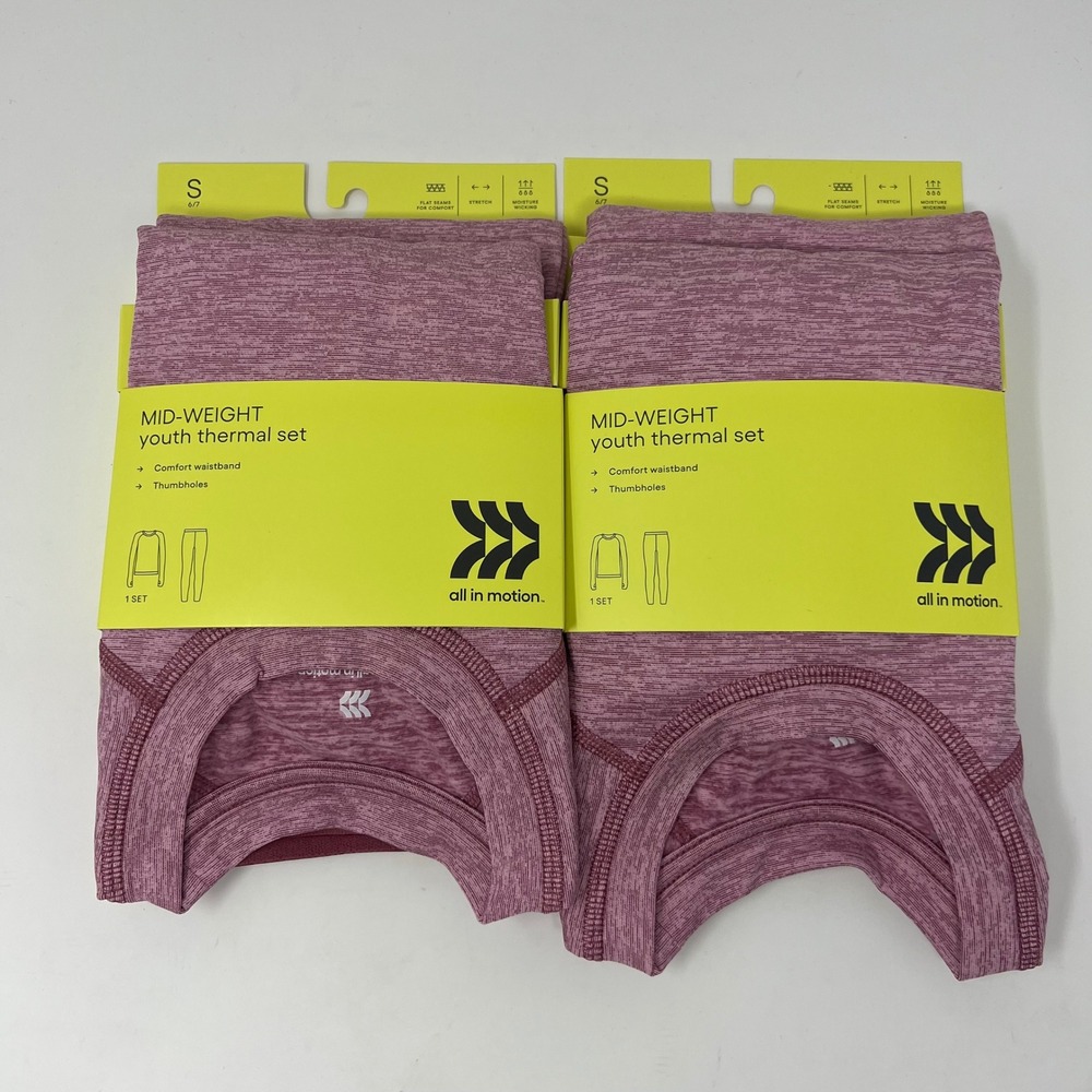 LOT of 2 All in Motion Mid-Weight Thermal Set Youth S 6/7 Heather Pink 2 pc NWT